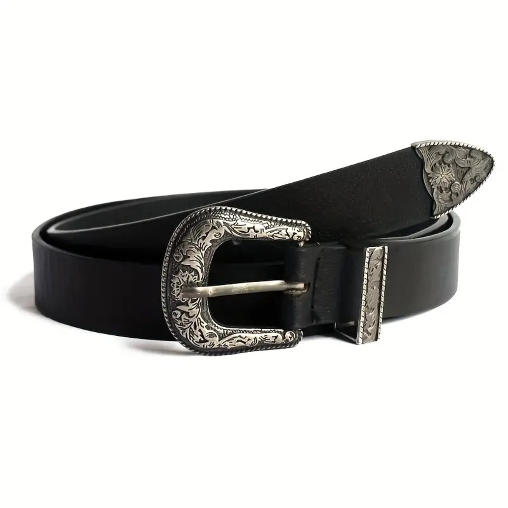Black Belt With Polished Floral Statement Buckle